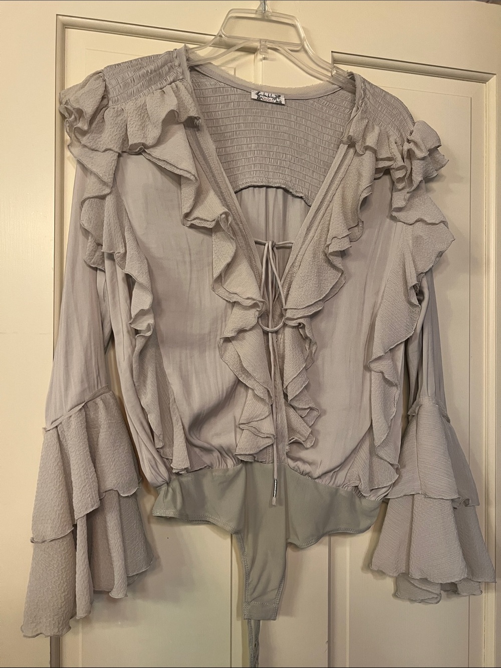 Free People Intimately Ruffled Bell Sleeve Tie-Front Women's Top Light Gray XS